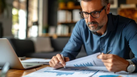 Une calculatrice posée sur une pile de documents fiscaux, avec un graphique de croissance en arrière-plan et une lumière douce pour symboliser l’optimisme financier.